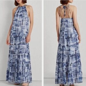 Ralph Lauren Blue and White Tie-Dye Halter Maxi Dress